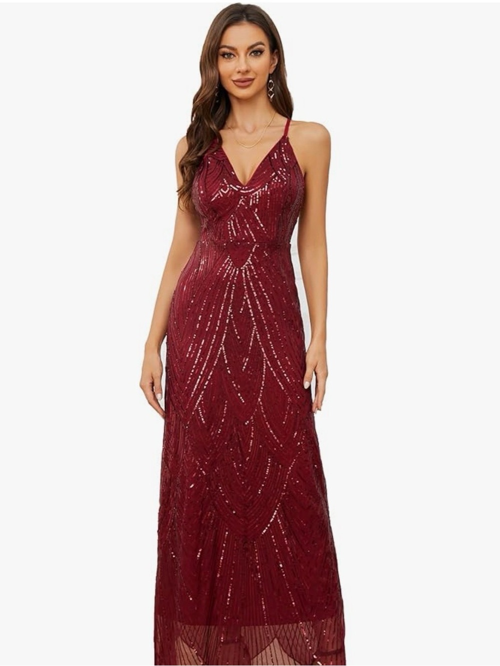 Amazon Burgundy Sequin V-Neck Prom Gown
